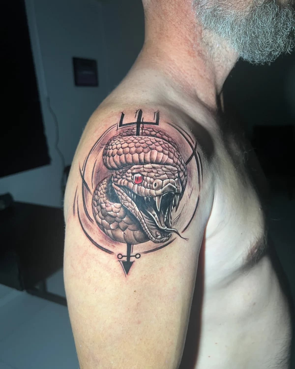 Tatuagem autoral de serpente realista dentro de um círculo com traços sketch, no braço